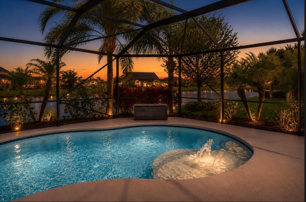 Pool and screened lanai at sunset — 348 SE Courances Drive, Port St. Lucie FL